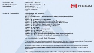 [미국] 헤사이, 자동차 사이버 보안 관리 국제 표준 ISO/SAE 21434 인증 획득